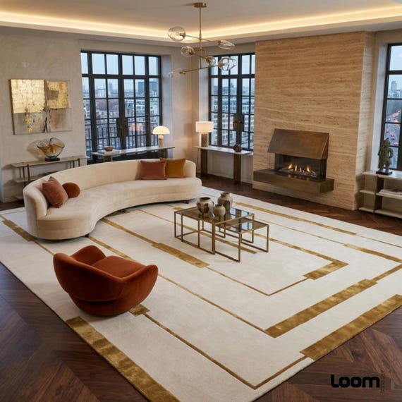 Modern Geometric Area Rug, Cream and Gold Art Deco Rug, Minimalist Living Room Carpet, Hand Tufted Bedroom Rug by Loom Art Rugs