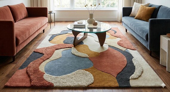 Hand Tufted Abstract Rug, Modern Area Rug, Wool Carpet, Mid Century Modern Decor, Colorful Wavy Living Room Rug, Custom Floor Art, Rust Blue