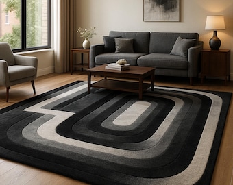 Tappeto moderno geometrico nero grigio, tappeto minimalista per soggiorno, tappetino astratto contemporaneo, tappeto decorativo per camera da letto