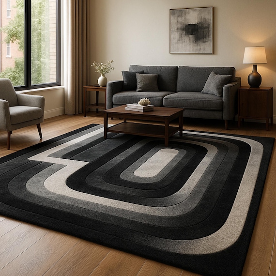 Modern Geometric Black Grey Area Rug, Minimalist Living Room Carpet, Contemporary Abstract Floor Mat, Bedroom Home Decor Rug