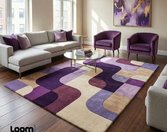 Tappeto geometrico viola annodato a mano – Tappeto moderno astratto in lana – Arredamento moderno di metà secolo – Tappeto lilla e beige – Tappeti Loom Art