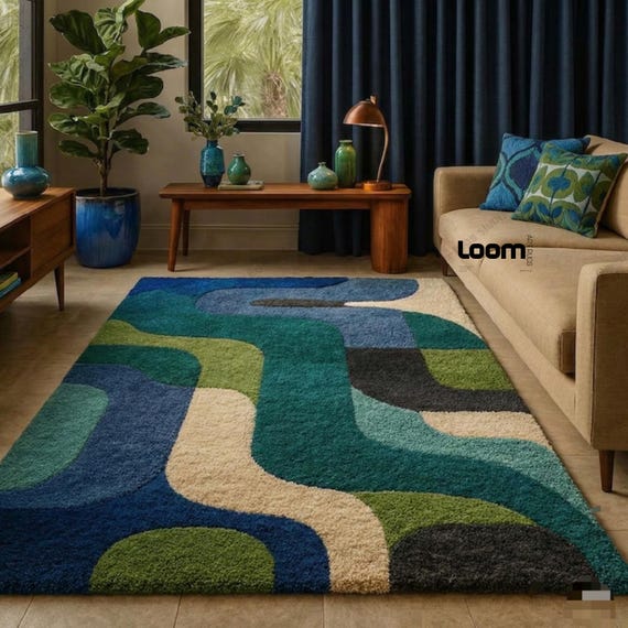 Hand Tufted Abstract Rug, Blue Green Wave Wool Area Rug, Modern Living Room Carpet, Coastal Bedroom Decor, Custom Size Soft Tufted Rug