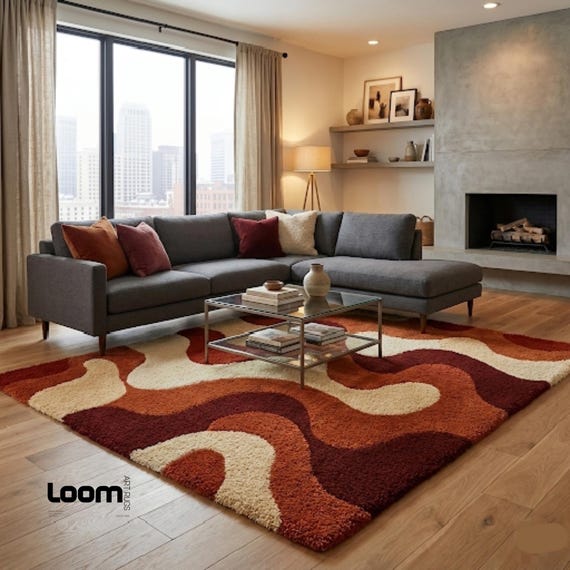 Hand Tufted Wool Rug, Abstract Wavy Retro 70s Area Rug, Terracotta Burnt Orange & Cream, Modern Shag Carpet for Living Room Bedroom