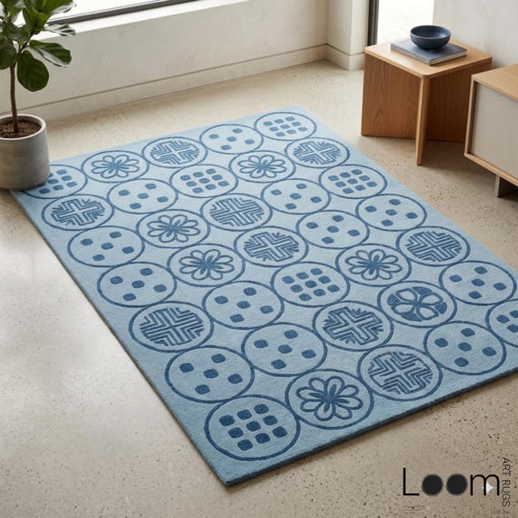 9X12 Hand Tufted Blue Geometric Wool Rug, Light Blue Modern Tile Pattern Area Rug, Minimalist Aesthetic Bedroom Carpet, Custom Wool Rug