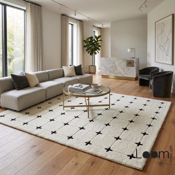 8x10 Hand Tufted Wool Rug Cream Ivory Minimalist Grid Rug Modern Cross Pattern Area Rug Scandinavian Boho Living Room Carpet Custom Rug 9x12
