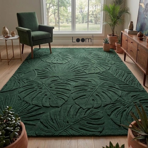 3D Botanical Green Leaf Rug | 7x10 Carved Monstera Hand-Tufted Wool Carpet | Tropical Area Rug for Living Room & Bedroom | Boho Aesthetic