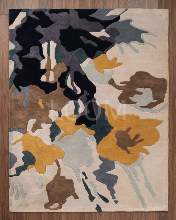 Hand Tufted Abstract Wool Rug, 9x12 Modern Botanical Floral Carpet in Mustard Yellow Black & Beige, Contemporary Living Room Area Rug