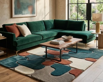 Tappeto astratto moderno / Tappeto trapuntato di metà secolo color verde acqua e arancione / Tappeto geometrico con texture 3D per soggiorno / Dimensioni personalizzate 8 x 10 piedi / 9 x 12 piedi