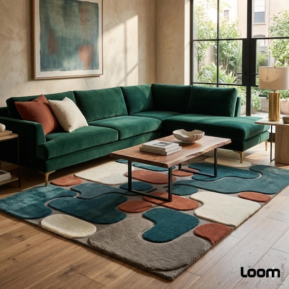 Abstract Modern Area Rug | Teal & Orange Mid Century Tufted Rug | 3D Textured Geometric Carpet for Living Room | Custom Size 8x10 ft/9x12 ft