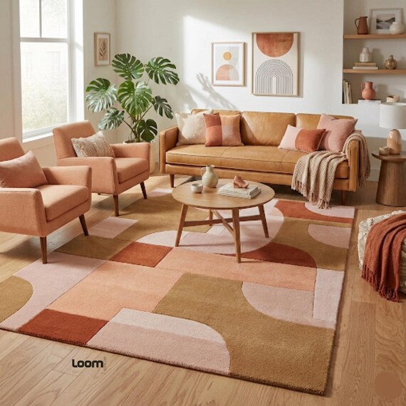Modern Geometric Area Rug, Abstract Blush Terracotta Rug, Contemporary Living Room Rug, Minimalist Floor Carpet, Loom Art Rug