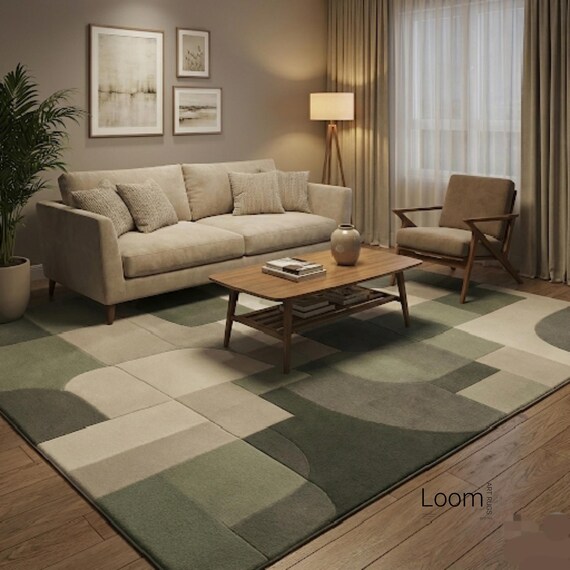 Sage Green Abstract Geometric Area Rug | Mid Century Modern Living Room Carpet | Large Earth Tone Color Block Rug | Contemporary Scandi Home