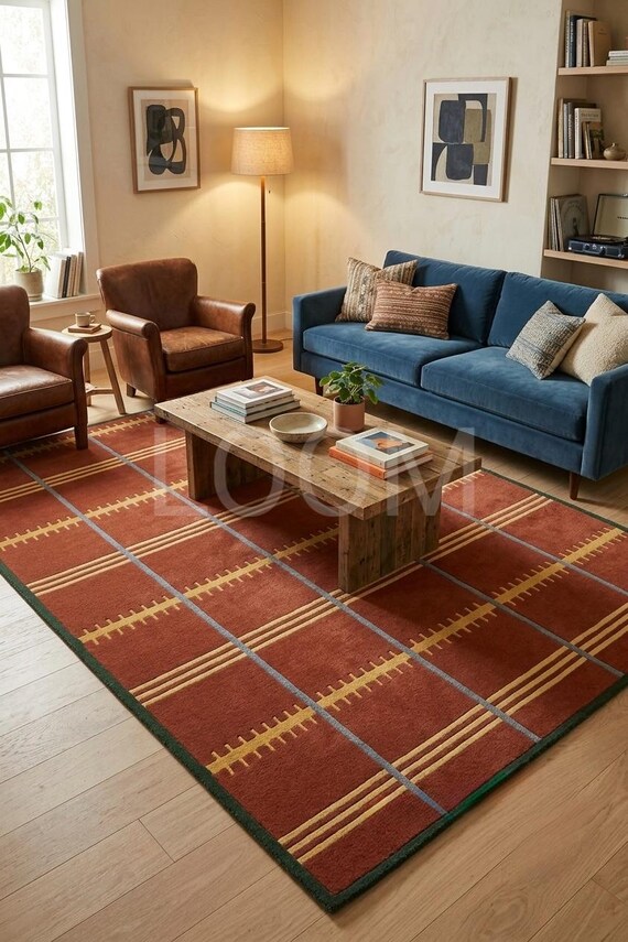 9x13 Hand-Tufted Terracotta Geometric Rug | Mid-Century Modern Plaid Area Rug for Living Room | Rust Red Grid Wool Carpet | Custom Size Rug