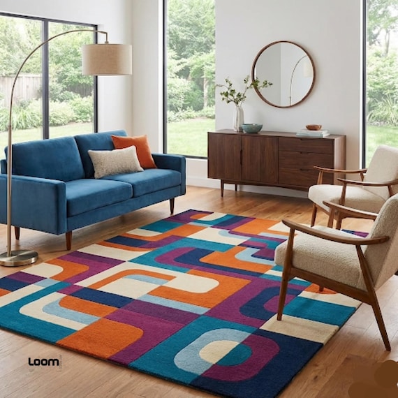 Mid Century Modern Area Rug | Colorful Geometric Abstract Carpet | Retro 70s Orange & Teal Decor | Funky Bauhaus Living Room Rug | Statement