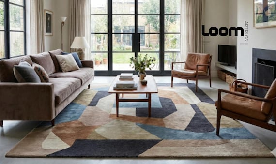 Abstract Geometric Wool Rug, Modern Hand Tufted Area Rug, Mid Century Modern Living Room Decor, Scandi Blue & Brown Carpet, Bedroom Rug