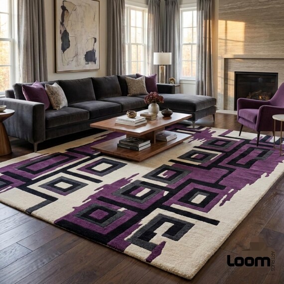 Modern Geometric Purple Area Rug | Abstract Color Block Carpet in Plum, Black & Cream | Hand-Tufted Wool Living Room Decor | LOOM ART RUGS