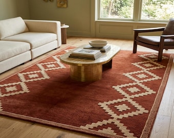 Tappeto marocchino color terracotta / 2,4 x 3 metri con motivo geometrico a rombi / Tappeto in lana tessuto a mano in stile boho per soggiorno e camera da letto / Personalizzato