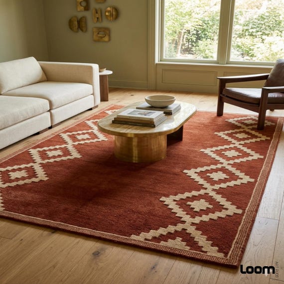 Terracotta Moroccan Area Rug | 8x10ft Textured Geometric Diamond Pattern | Boho Decor Handwoven Wool Rug for Living Room & Bedroom | Custom