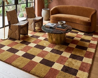 Tappeto a quadri color terra / Tappeto a scacchiera morbido stile retrò anni '70, 274 x 366 cm / Tappeto in lana trapuntato stile moderno di metà secolo / Soggiorno personalizzato in stile boho