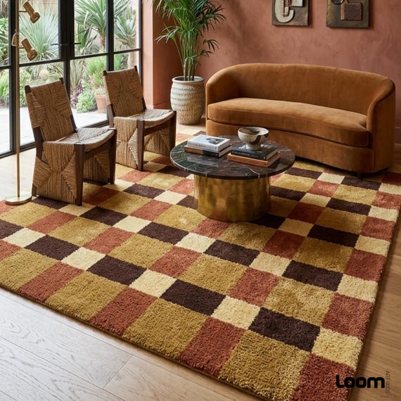 Earth Tone Checkered Shag Rug | 9x12ft Retro 70s Fluffy Checkerboard Area Rug | Mid Century Modern Tufted Wool Rug | Boho Custom Living Room