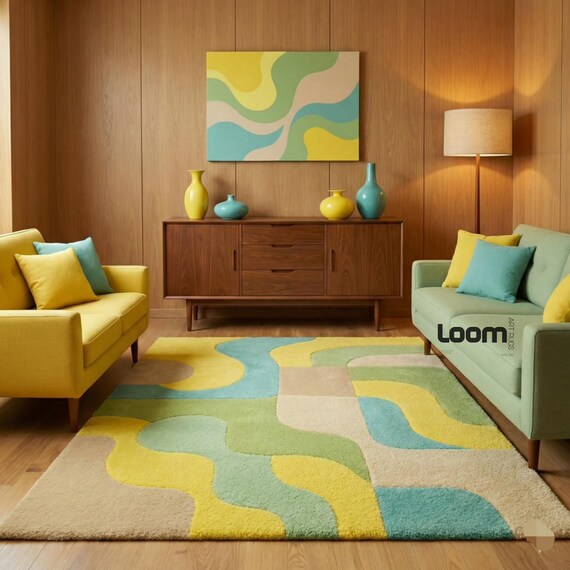 Modern Abstract Wool Rug, Retro Pastel Area Rug, Handmade Loom Art Rug, Mid Century Living Room Rug, Soft Luxury Floor Decor, Bedroom Rug