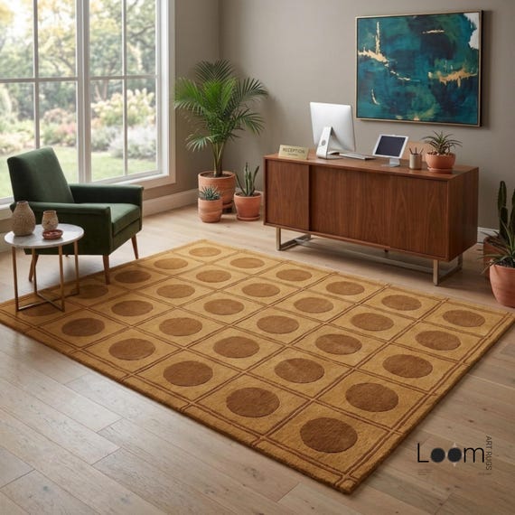 Moroccan Style Hand-Tufted Wool Rug | 9x12 Mustard Gold Geometric Square Pattern Area Rug | Modern Boho Grid Design Carpet for Living Room