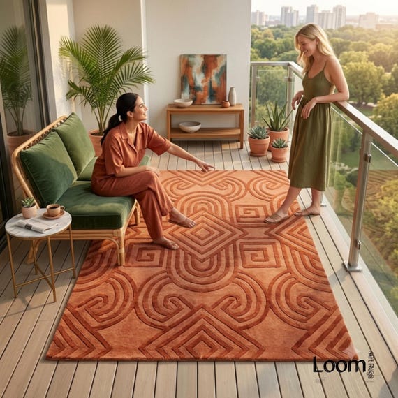 9x12 Terracotta Hand Tufted Wool Rug 3D Geometric Carved Area Rug Modern Rust Burnt Orange Rug Mid Century Organic Modern Rug for Living Roo