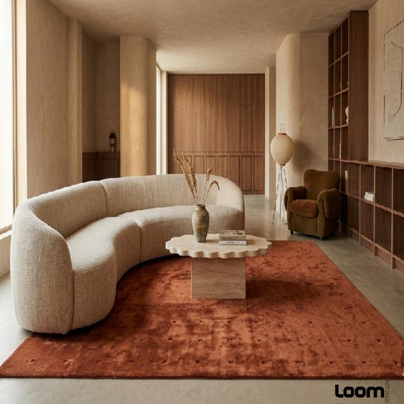 7x10ft Terracotta Hand Tufted Wool Rug | High Low Pile Minimalist Geometric Carpet | Custom Size Rust Area Rug for Living Room Bedroom 6x9ft