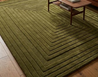 Tappeto geometrico verde oliva trapuntato a mano / Tappeto scolpito a trama profonda / Arredamento moderno minimalista Wabi Sabi / Tappeto in lana su misura per soggiorno