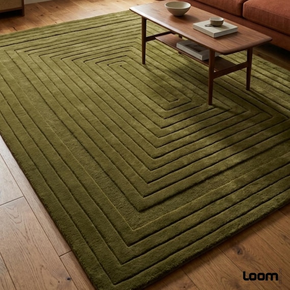 Hand-Tufted Olive Green Geometric Rug | Deep Texture Sculpted Area Rug | Modern Minimalist Wabi Sabi Decor | Custom Size Wool Living Room Ru