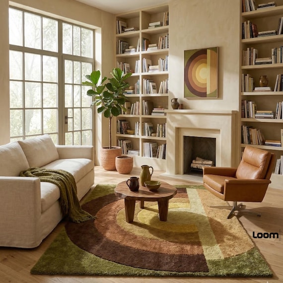 Mid Century Modern Geometric Area Rug | 70s Retro Earth Tone Tufted Rug | Arch Boho Living Room Decor | Olive Green, Brown & Mustard Yellow