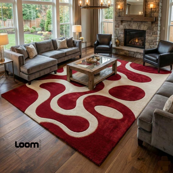 Hand Tufted Red & Cream Abstract Rug, Modern Wave Pattern Area Rug, Bold Geometric Wool Carpet for Living Room, Mid Century Modern Decor