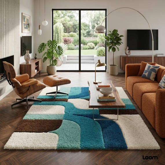 Mid Century Modern Area Rug | Abstract Geometric Shag Rug | Teal Blue Brown Cream Retro Carpet | 70s Style Living Room Decor | Custom Plush