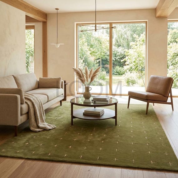 Olive Green Area Rug - Any Custom Size Made to Order - Luxury Hand-Tufted Wool Carpet - Minimalist Cross Grid Floor Art Living Room Bedroom
