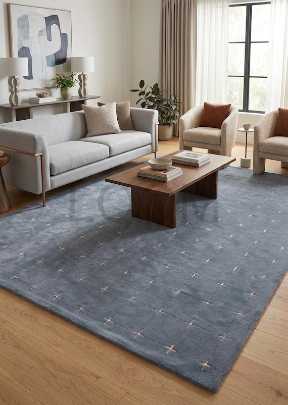 Hand Tufted Modern Wool Rug Slate Blue Grey Minimalist Grid Carpet Plush Area Rug Soft Custom Size Rug Bed Living Room Decor LOOM ART RUGS