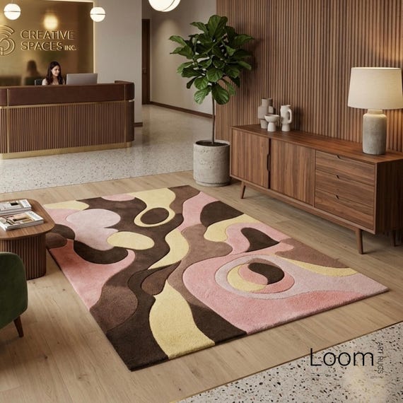 Hand Tufted Abstract Area Rug | 8x10  Mid Century Modern Wavy Pattern Wool Rug | Brown Pink & Cream Contemporary Rug for Living Room Bedroom