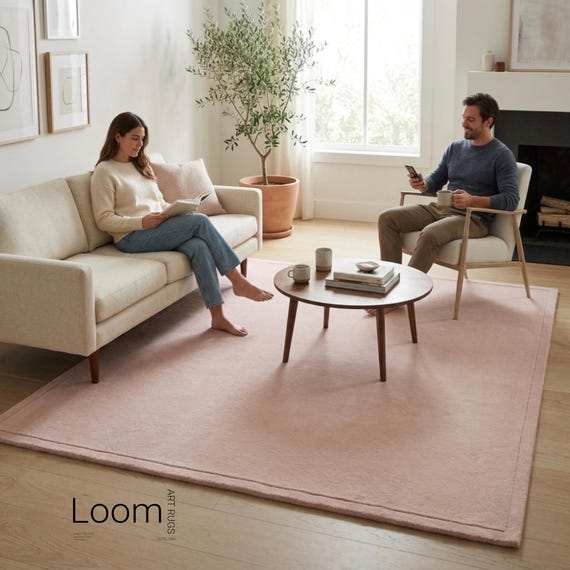 8x12 Modern Blush Pink Wool Rug, Hand Tufted Minimalist Area Rug, Custom Plain Pastel Rug for Living Room & Bedroom Decor, Soft Aesthetic