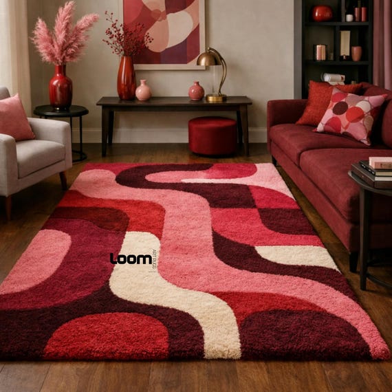 Hand Tufted Abstract Rug, Red Pink and Cream Wave Design - Retro 70s Style Wool Area Rug - Modern Funky Living Room Carpet - Bedroom Decor