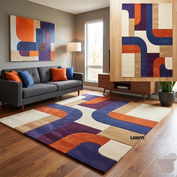 Mid Century Modern Area Rug – Abstract Geometric Retro 70s Decor – Tufted Orange, Purple & Beige Wool Carpet – Funky Statement Living Room