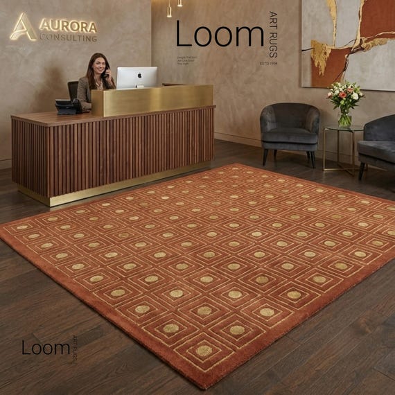 Terracotta Geometric Area Rug, 9x12 70s Revival Mid-Century Modern Hand-Tufted Wool Rug, Rust Orange Retro Decor, Custom Size Living Room