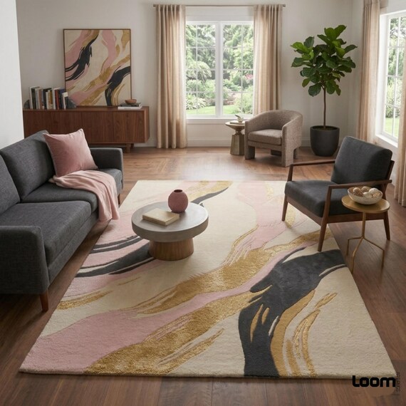 Abstract Pink and Gold Area Rug | Modern Charcoal Grey & Cream Living Room Carpet | Mid Century Contemporary Tufted Decor | Loom Art Rugs