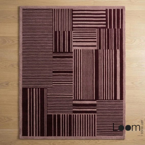 Burgundy Geometric Hand Tufted Wool Rug | Modern Abstract Striped Grid Carpet | Mid Century Minimalist Area Rug | 70s Revival Dopamine Decor