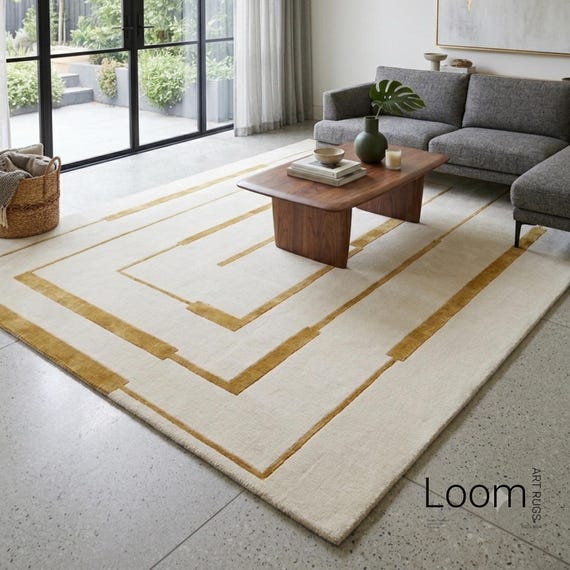 Hand Tufted Wool Rug - 9x12 Minimalist Gold Yellow Geometric Cream Carpet, Organic Modern Area Rug, Mid Century Tufted Rug for Living Room