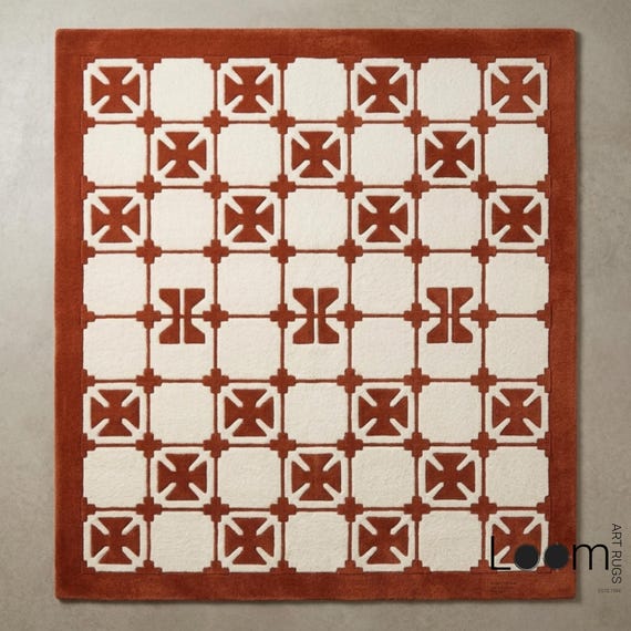 9x12 Hand-Tufted Terracotta Geometric Rug | 70s Revival Cream & Rust Orange Area Rug | Mid-Century Modern Wool Carpet | Custom Size Rug