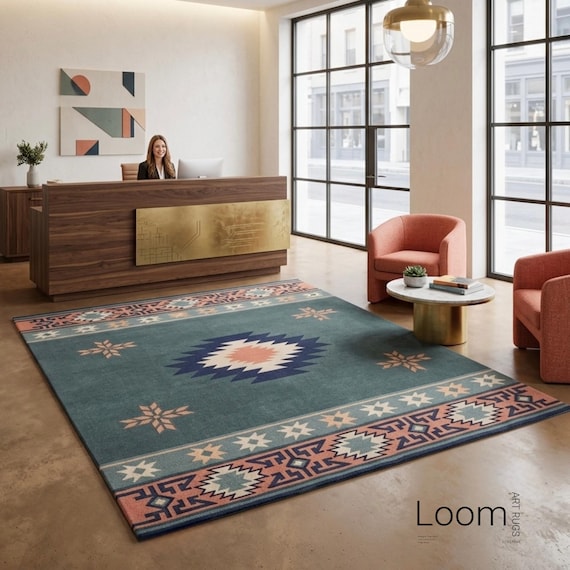 Southwestern Teal Geometric Area Rug | Hand-Tufted Aztec Pattern Rug | Boho Living Room Decor | Tribal Navajo Style Bedroom Rug | Custom Siz