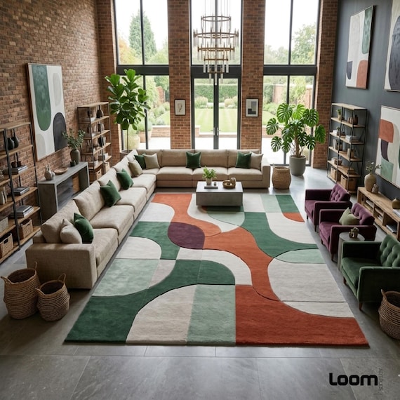 Abstract Geometric Area Rug | Mid Century Modern Retro Color Block Rug | Tufted Statement Floor Art in Rust, Green & Cream | Loom Art Rugs