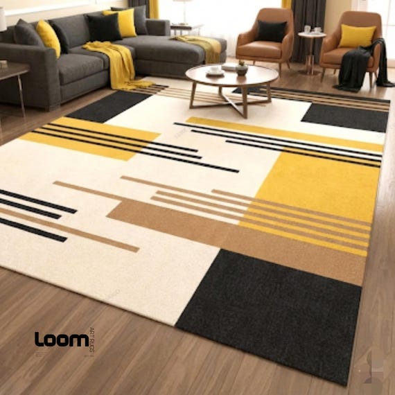 Modern Geometric Rug, Yellow and Black Area Rug, Hand Tufted Wool Rug, Abstract Living Room Carpet, Custom Size Rug, Mid Century Modern Deco