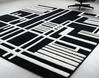 Tappeto geometrico bianco e nero / Tappeto minimalista trapuntato a rilievo / Tappeto Bauhaus in stile moderno di metà secolo / Tappeto da soggiorno con texture 3D 9 x 12 piedi