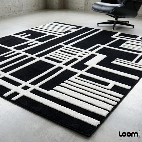 Black and White Geometric Area Rug | High-Low Tufted Minimalist Rug | Mid Century Modern Bauhaus Carpet | 3D Textured Living Room Rug 9x12ft