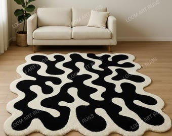 Tappeto moderno astratto annodato a mano: tappeto ondulato bianco e nero
