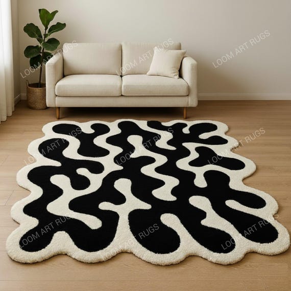Modern Abstract Hand-Tufted Rug: Black & White Wavy Carpet